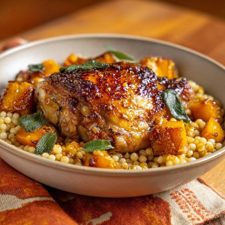 Knuspriges Hähnchen mit Kürbis-Couscous, in einer Nahaufnahme gezeigt, mit goldbrauner Haut und knusprigen Kürbisstücken. Das Gericht ist frisch serviert und mit Salbei garniert.