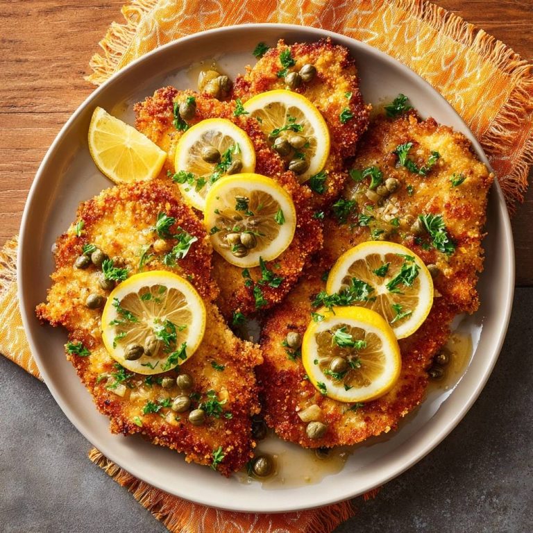 Knuspriges Hähnchenschnitzel mit Zitrone & Kapern, serviert auf einem Teller von oben, mit frischen Zitronenscheiben und Kapern garniert.