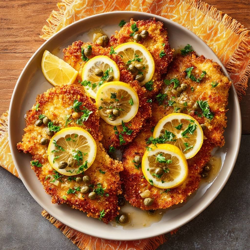 Knuspriges Hähnchenschnitzel mit Zitrone & Kapern, serviert auf einem Teller von oben, mit frischen Zitronenscheiben und Kapern garniert.