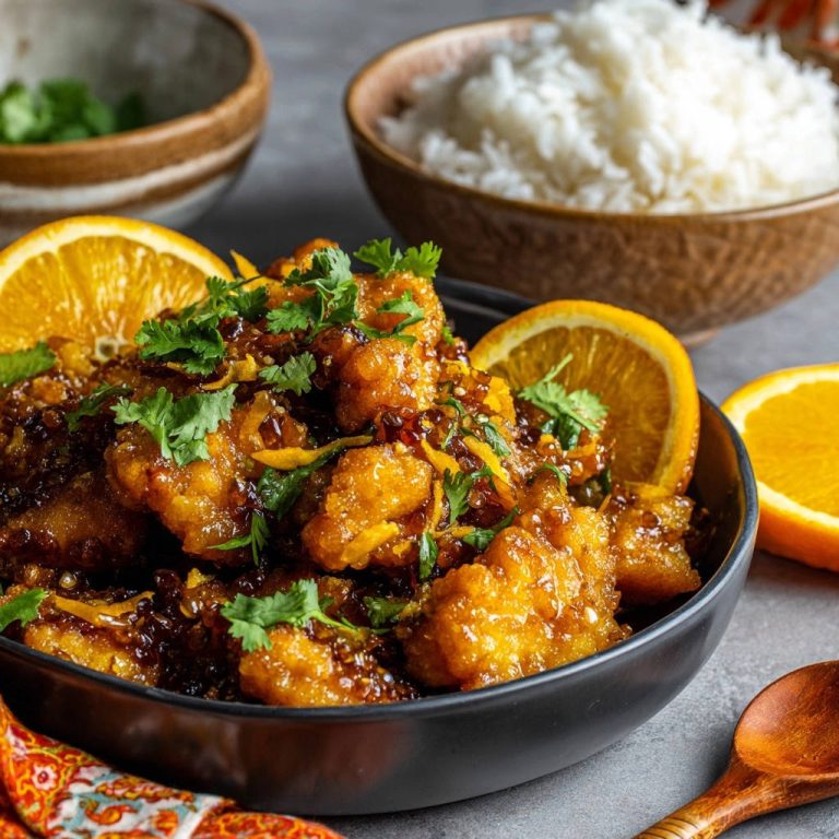 Knuspriges Orangen-Hähnchen mit Reis, serviert in einer schwarzen Schüssel, mit frischen Orangen-Scheiben und Koriander garniert.