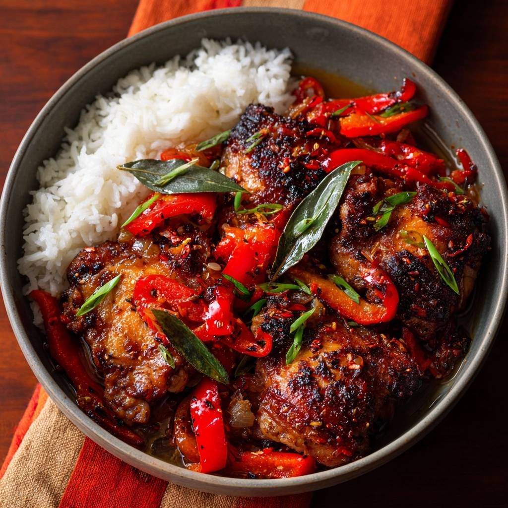 Knuspriges Paprika Huhn Mit Reis Draufsicht 1 Knuspriges Paprika-Hähnchen mit Reis von oben betrachtet, serviert in einer Schüssel mit leuchtenden roten Paprikaschoten.