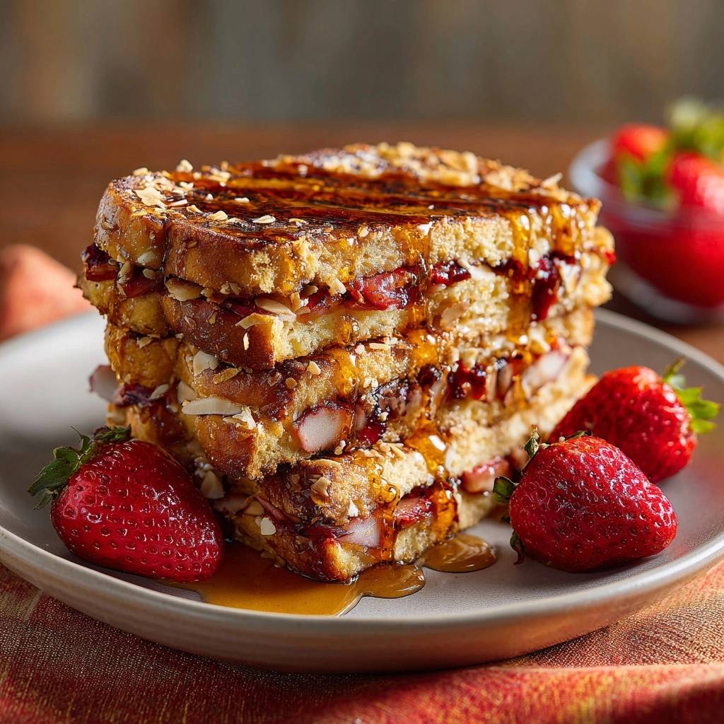Kokos French Toast Erdnussbutter Erdbeermarmelade Querschnit 1 Kokos-French-Toast mit Erdnussbutter & Erdbeermarmelade im Anschnitt, der die fruchtige Füllung und knusprige Kokoskruste zeigt.