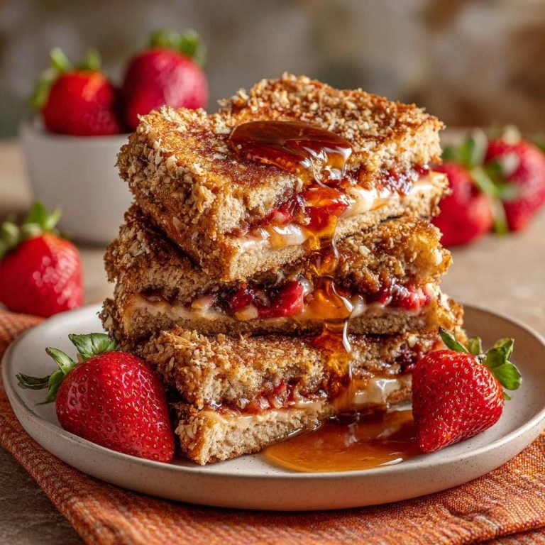 Kokos-French-Toast mit Erdnussbutter & Erdbeermarmelade zeigt einen Detailquerschnitt, der die cremige Erdnussbutter und Erdbeermarmelade enthüllt.