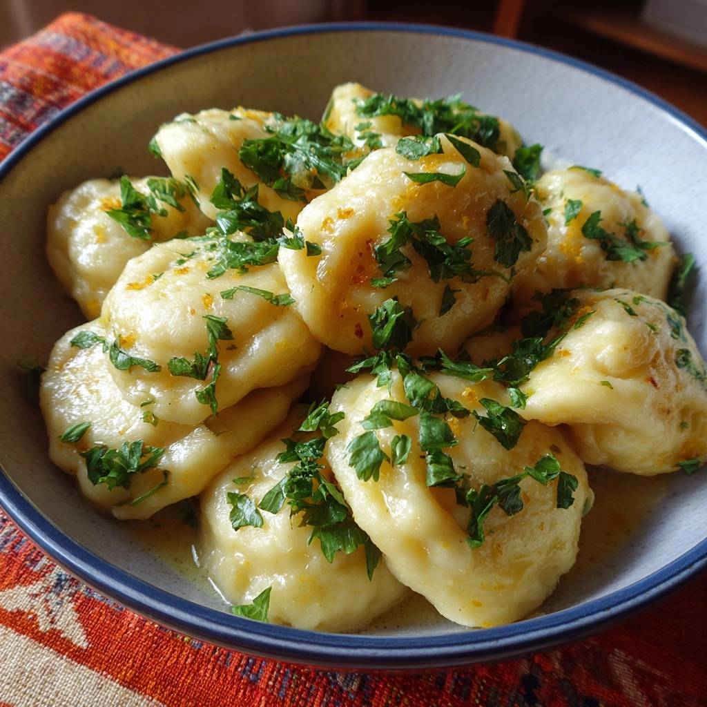 Krbis Pelmeni Draufsicht Mit Kraeutern 1 Kürbis-Pelmeni, aus der Draufsicht, reichlich mit frischer Petersilie und Orangenschalen garniert, serviert in einer Schüssel.