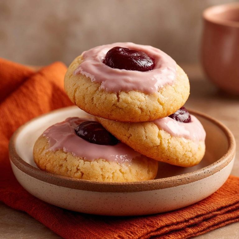 Linzer Kekse mit Kirsche sind hier gestapelt in einer Nahaufnahme zu sehen, mit glänzendem rosa Guss und Kirschtopping.