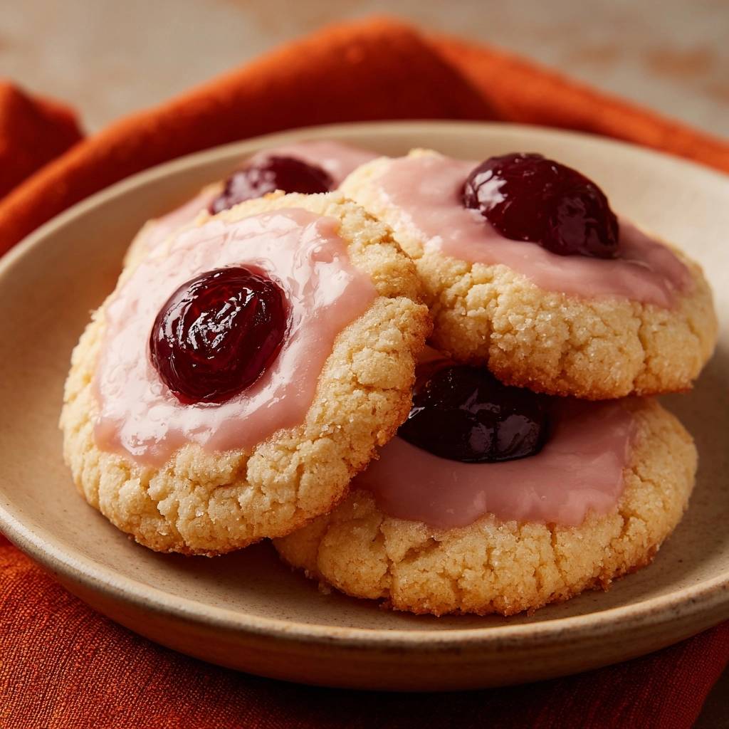 Linzer Kekse Mit Kirsche Nahaufnahme Serviert 1 Linzer Kekse mit Kirsche in Nahaufnahme serviert, mit zartem Zuckerguss und einer ganzen Kirsche als Topping. Die Kekse sind auf einem Teller angerichtet.