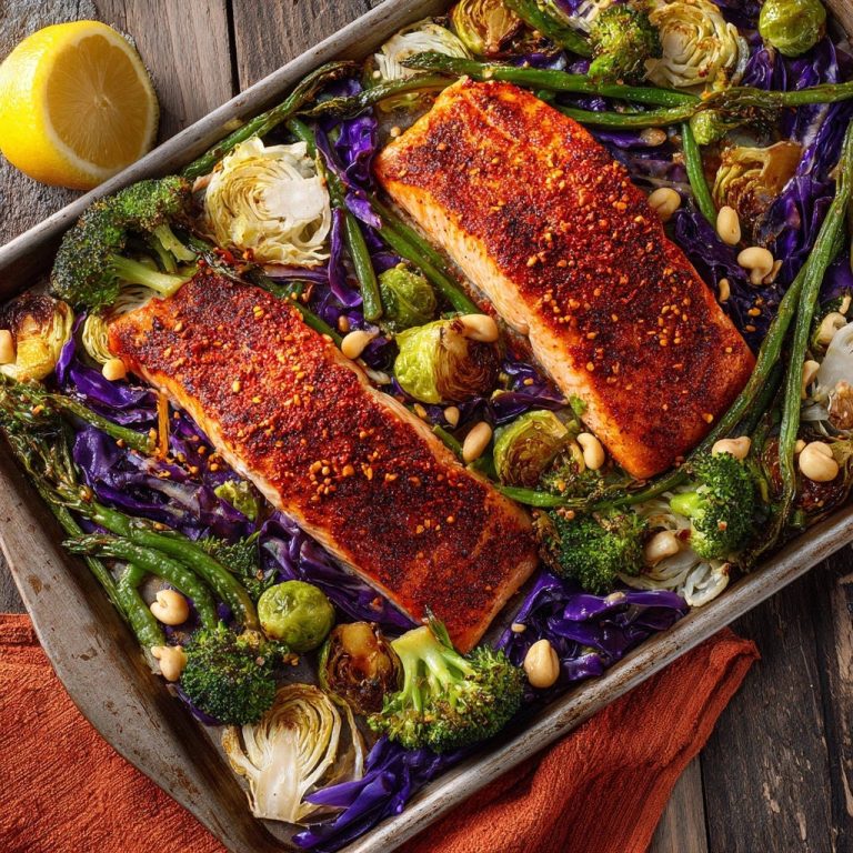 One-Pan Lachs mit buntem Ofengemüse in der Draufsicht: Zwei perfekt gewürzte Lachsfilets auf einem Blech mit Ofengemüse, angerichtet.