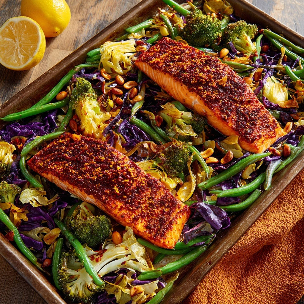 One Pan Lachs Mit Buntem Ofengemuese Draufsicht 1 One-Pan Lachs mit buntem Ofengemüse in der Draufsicht, mit knusprig gebratenem Lachs und reichlich buntem Gemüse auf einem Backblech.