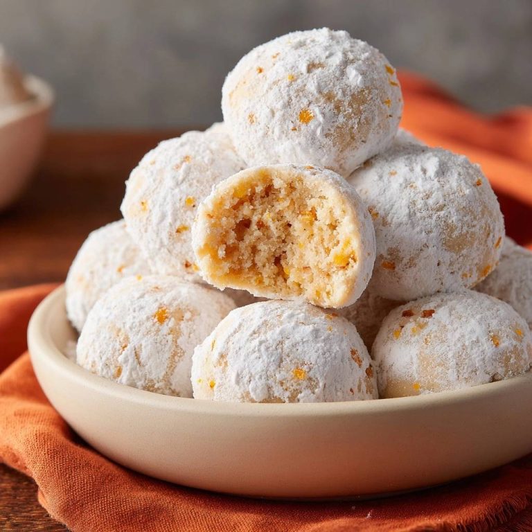 Orangen-Schneebällchen im Nahaufnahme, mit einem Biss herausgenommen, um die saftige Textur und die Orangenstücke im Inneren zu zeigen.