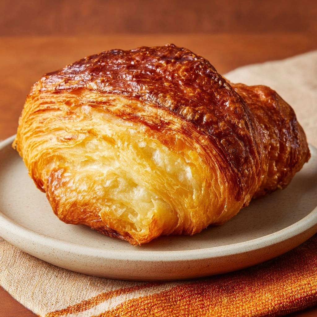 Perfektes Butter Croissant Nahaufnahme Knusprige Lagen 1 Perfektes Butter-Croissant in Nahaufnahme, wobei die knusprigen, goldbraunen Lagen und die butterige Textur deutlich zu sehen sind.