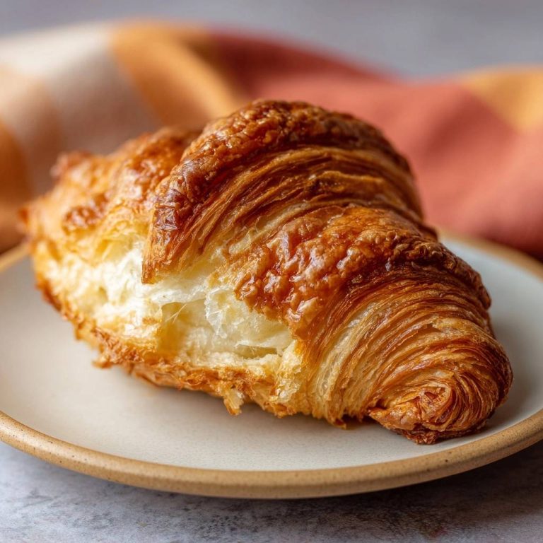 Perfektes Butter-Croissant, serviert auf einem Teller, zeigt einen verlockenden Querschnitt mit butterweichen Schichten und goldbrauner Kruste.