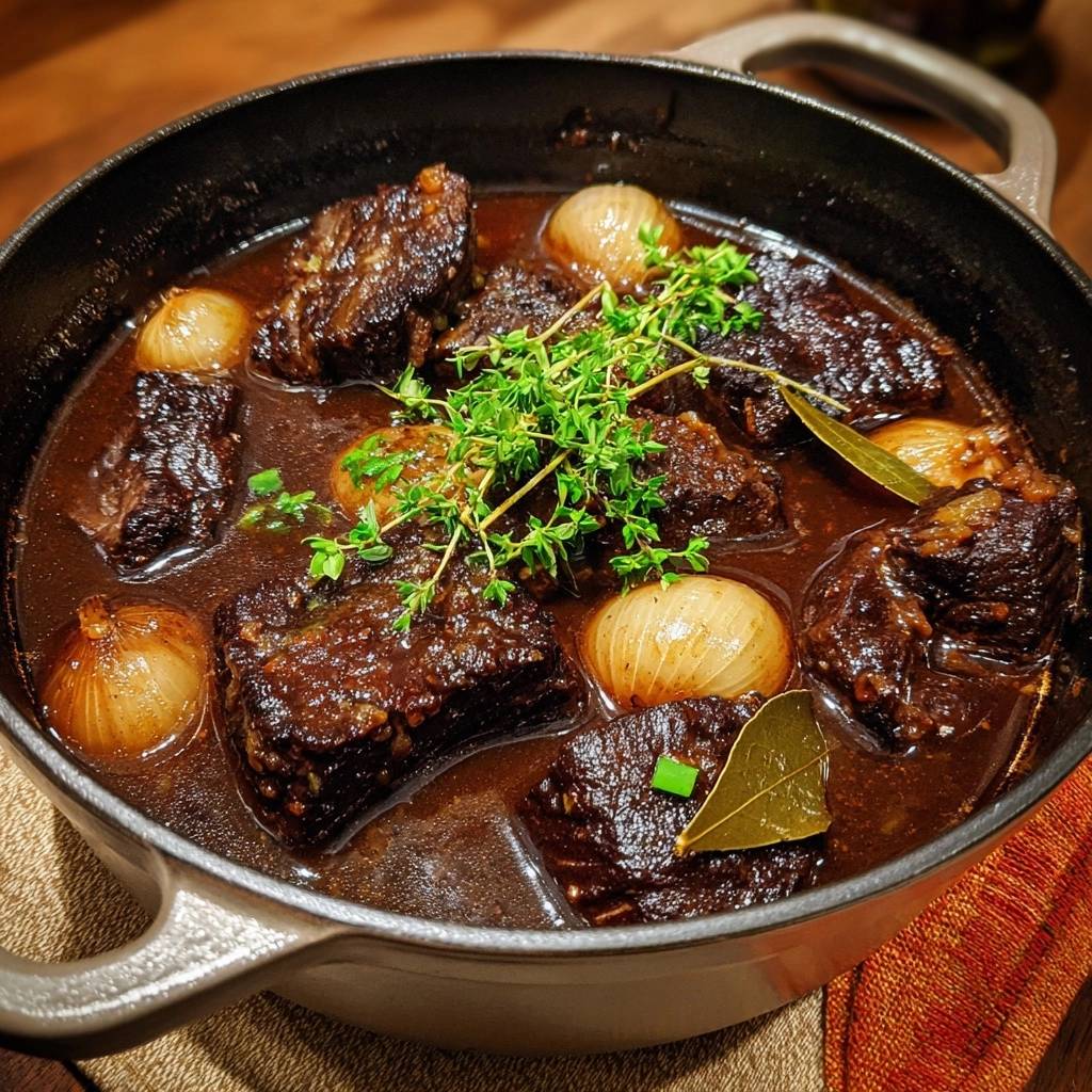 Perlzwiebel Rindfleisch Eintopf Draufsicht Fertig 1 Perlzwiebel-Rindfleisch-Eintopf: Eine Nahaufnahme des butterzarten Eintopfs, garniert mit frischem Thymian und Lorbeerblättern, serviert in einem Topf.