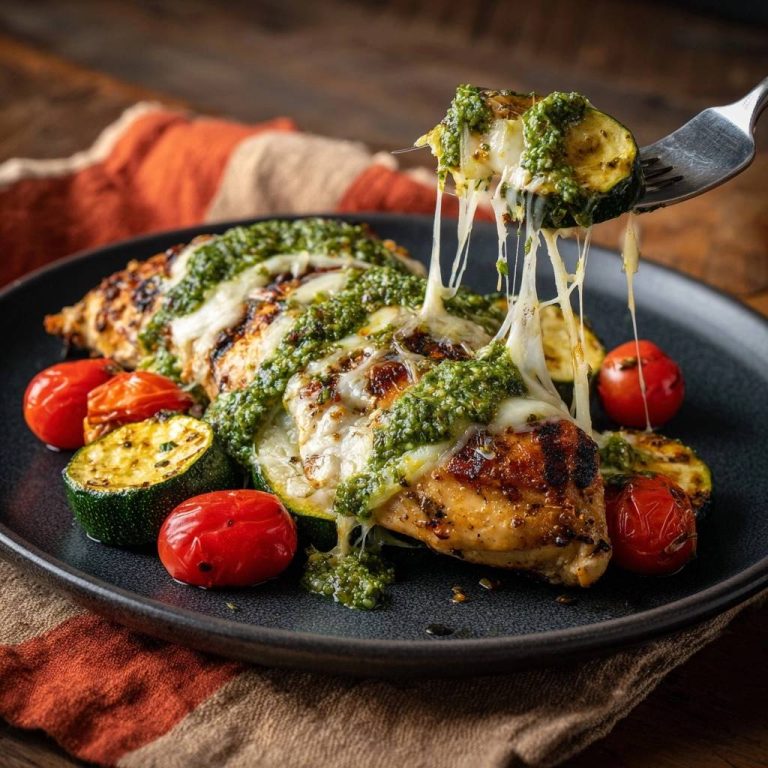 Saftiges Pesto-Hähnchen mit Zucchini, serviert auf einem Teller, mit geschmolzenem Käse, der sich auf einer Gabel dehnt.
