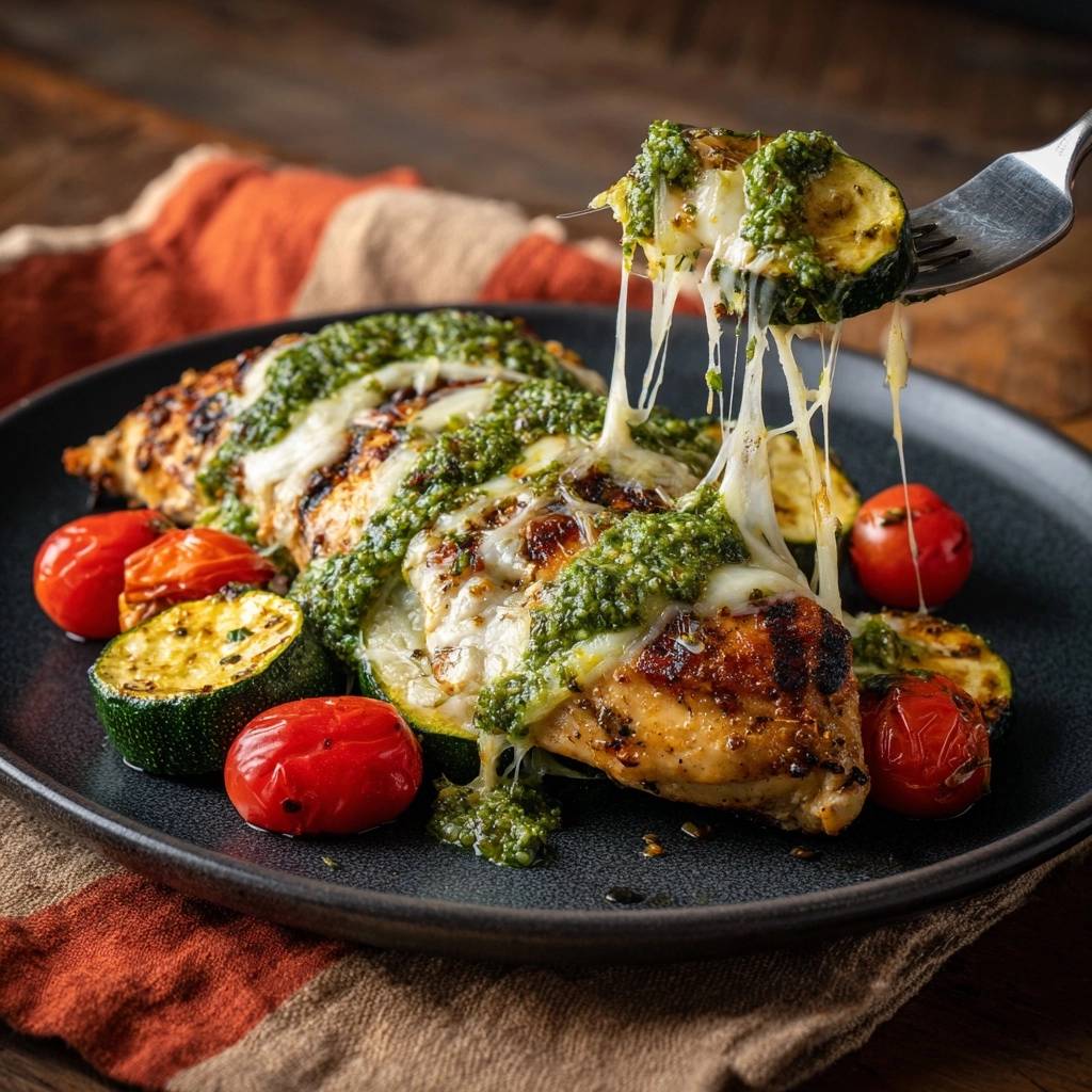 Saftiges Pesto-Hähnchen mit Zucchini, serviert auf einem Teller, mit geschmolzenem Käse, der sich auf einer Gabel dehnt.