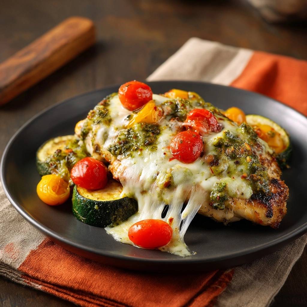Pesto Huhnchen Mit Zucchini Und Tomaten Serviert 1 Saftiges Pesto-Hähnchen mit Zucchini und Tomaten serviert auf einem dunklen Teller, mit geschmolzenem Käse und frischen Tomaten.