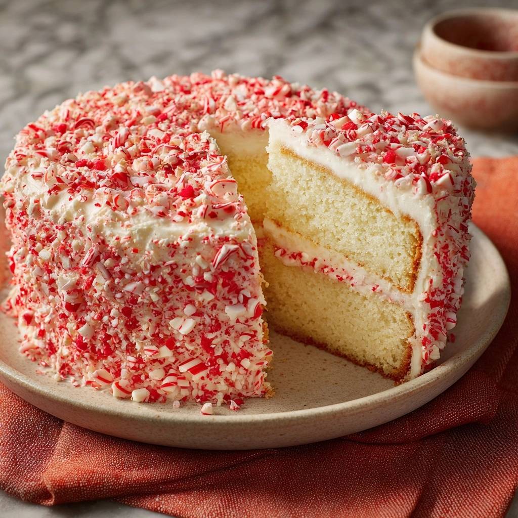 Pfefferminz Buttercreme Kuchen Querschnitt 1 Pfefferminz-Buttercreme-Kuchen Querschnitt, der die fluffige Textur des Kuchens und die cremige Buttercreme-Füllung zeigt.