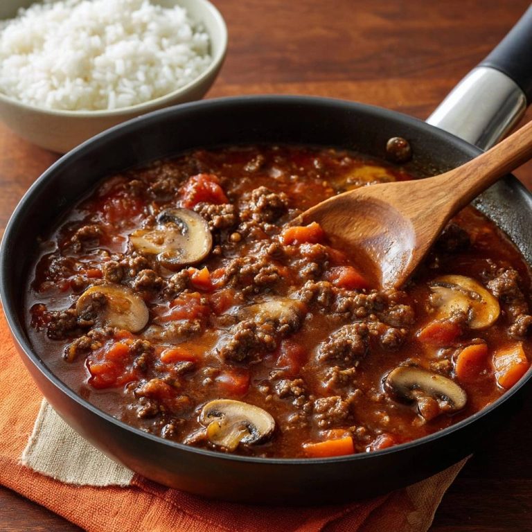 Pilz-Hack-Ragout mit Karotten in einer Pfanne, Nahaufnahme der dicken Soße mit Pilzen und Karotten, serviert mit Reis.