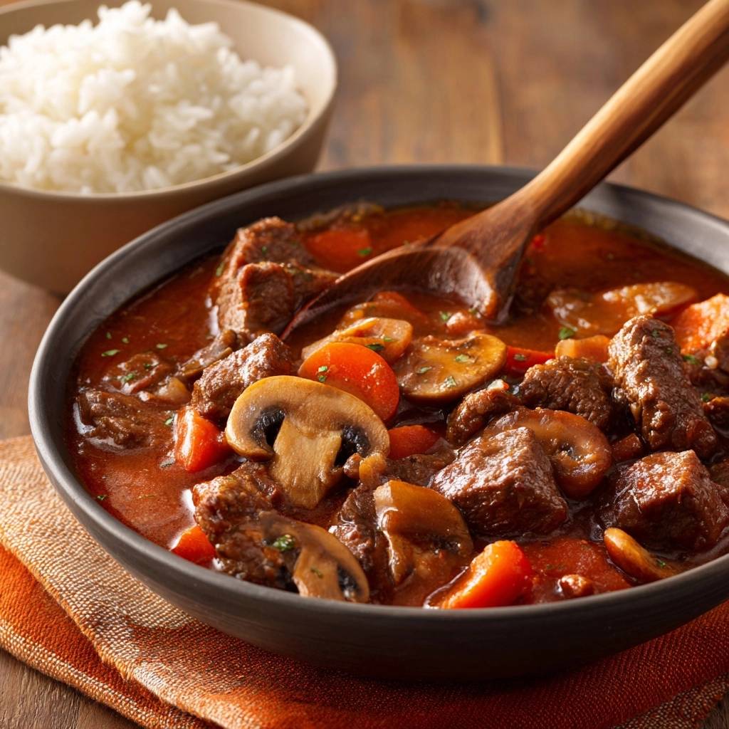 Pilz Hack Ragout Mit Karotten Serviert 1 Pilz-Hack-Ragout mit Karotten, serviert in einer dunklen Schüssel, mit dampfendem Reis und einem Holzlöffel. Die dicke Soße umschließt die Zutaten.
