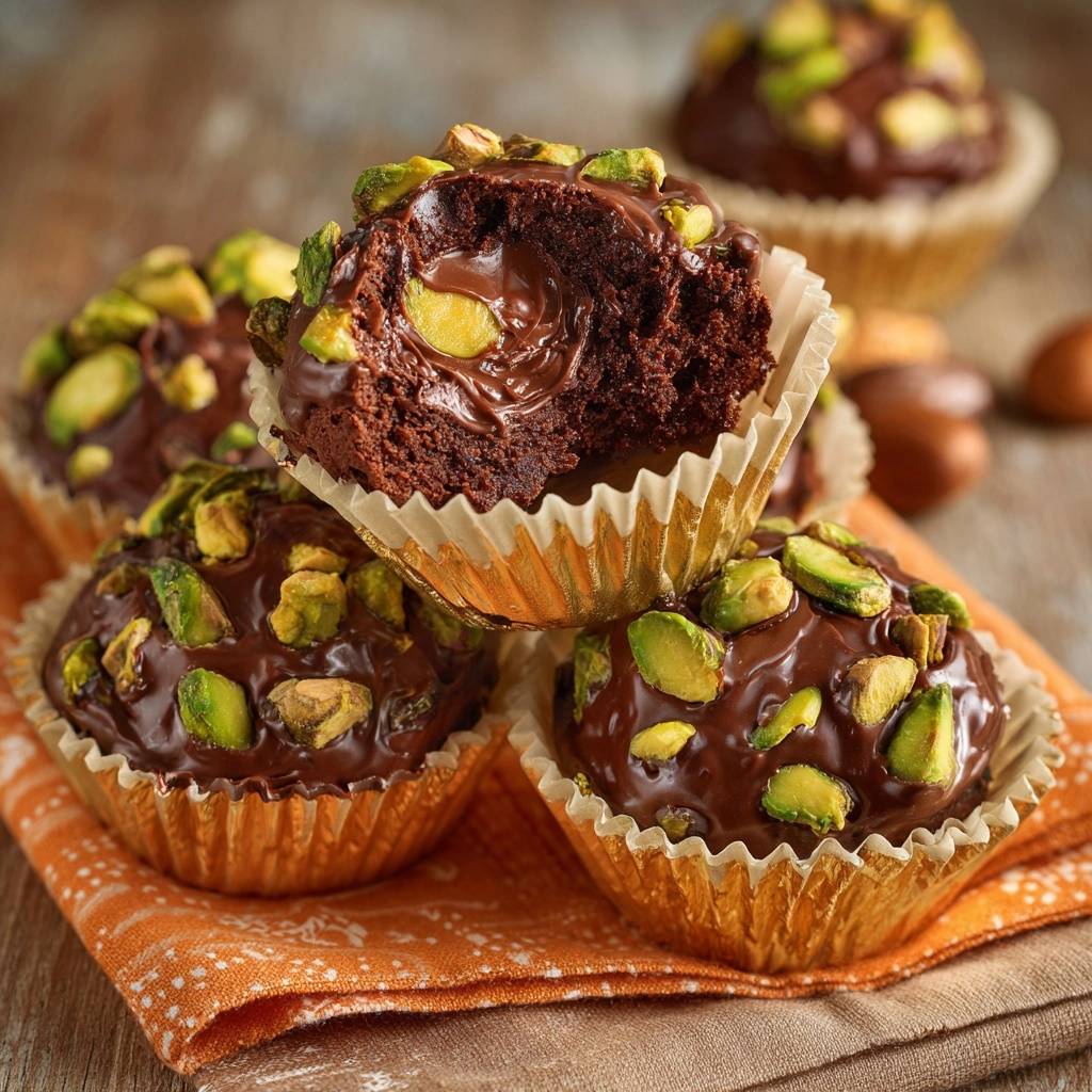 Pistazien Schoko Lava Muffins Querschnitt 1 Pistazien-Schoko-Lava-Muffins zeigen einen verführerischen Querschnitt, der den flüssigen Schokoladenkern und die Pistazien-Garnierung offenbart.