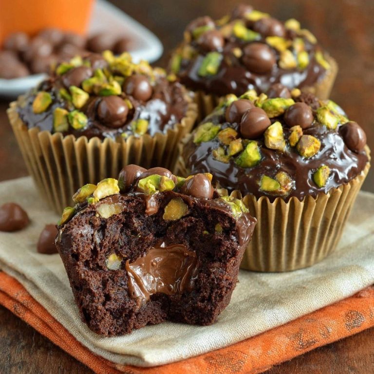 Pistazien-Schoko-Lava-Muffins mit flüssigem Schokoladenkern, präsentiert in Nahaufnahme eines angeschnittenen Exemplars, das die cremige Füllung zeigt.
