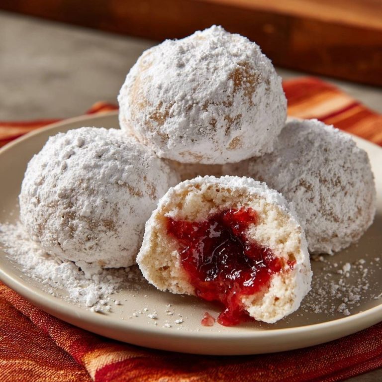 Puderzuckrige Marmeladenknödel zeigen einen köstlichen Querschnitt, der die fruchtige Marmeladenfüllung in den fluffigen Knödeln offenbart.