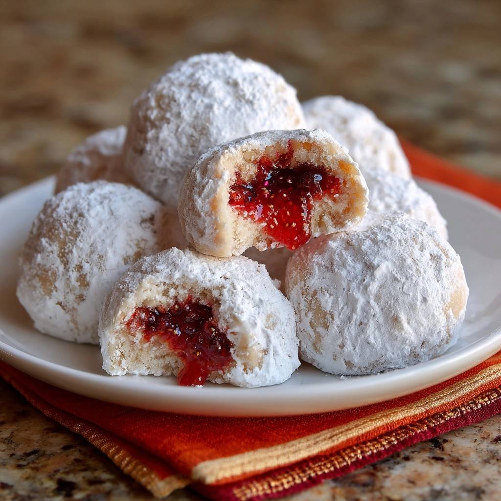 Puderzuckrige Marmeladenknoedel Querschnitt Nahaufnahme 1 Puderzuckrige Marmeladenknödel in Nahaufnahme, mit einem Biss, der die fruchtige Marmeladenfüllung zeigt und zum Naschen einlädt.