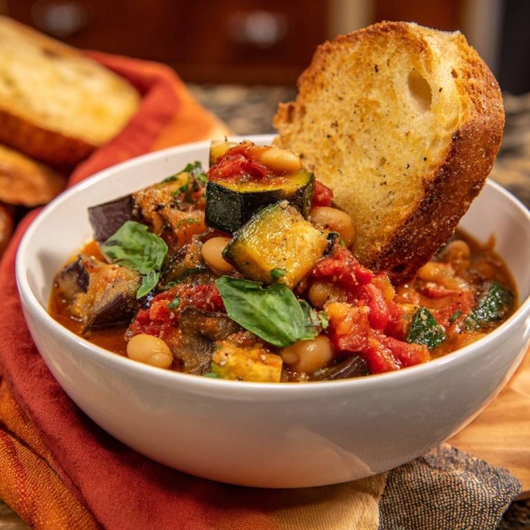 Ratatouille mit weißen Bohnen serviert in einer weißen Schüssel, mit geröstetem Brot garniert und mit frischem Basilikum verziert.