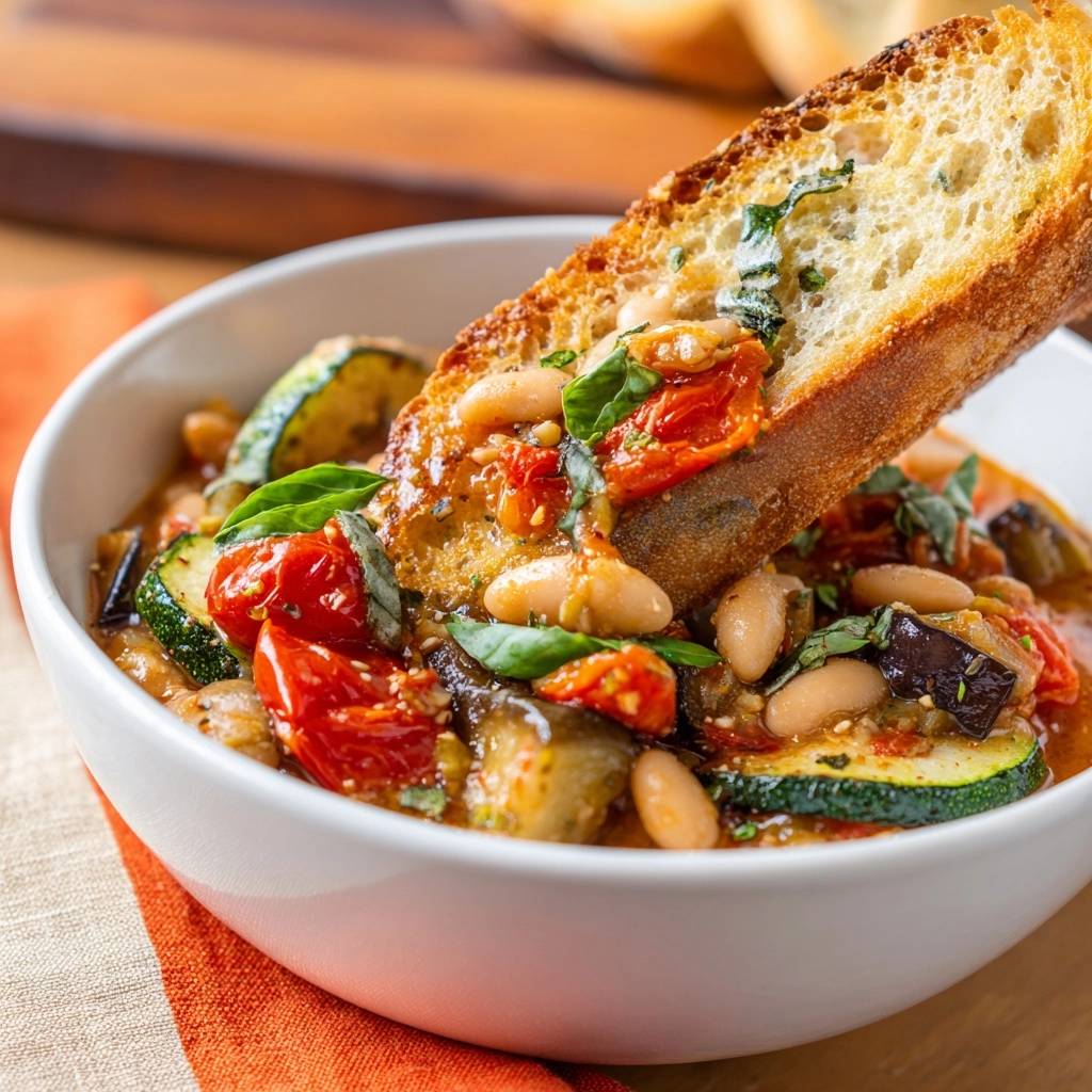 Ratatouille Mit Weissen Bohnen Serviert Mit Brot 1 Ratatouille mit weißen Bohnen in einer weißen Schüssel serviert, mit einem knusprigen Stück Brot zum Eintunken.