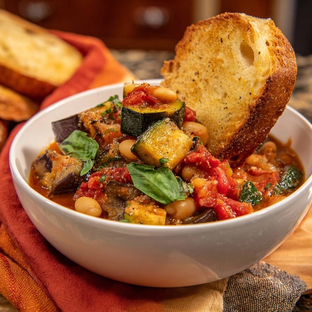 Ratatouille mit weißen Bohnen serviert in einer weißen Schüssel, mit geröstetem Brot garniert und mit frischem Basilikum verziert.