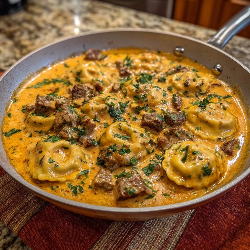 Ravioli Rindfleisch Curry Sauce Draufsicht 1 Ravioli in cremiger Rindfleisch-Curry-Sauce in der Pfanne, garniert mit frischer Petersilie, aus der Vogelperspektive gesehen. Ein schnelles und einfaches Gericht.