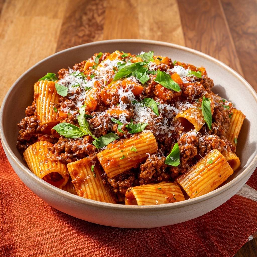 Rigatoni Bolognese Draufsicht Mit Basilikum 1 Rigatoni Bolognese mit Hackfleisch, Tomatensauce und frisch geriebenem Parmesan, garniert mit Basilikumblättern, serviert in einer Schüssel.