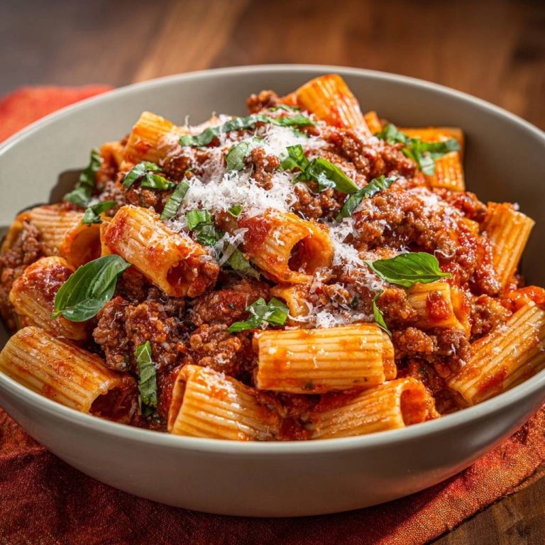 Rigatoni Bolognese mit reichhaltiger Fleischsauce, garniert mit frischem Basilikum und geriebenem Parmesan, serviert in einer rustikalen Schüssel.