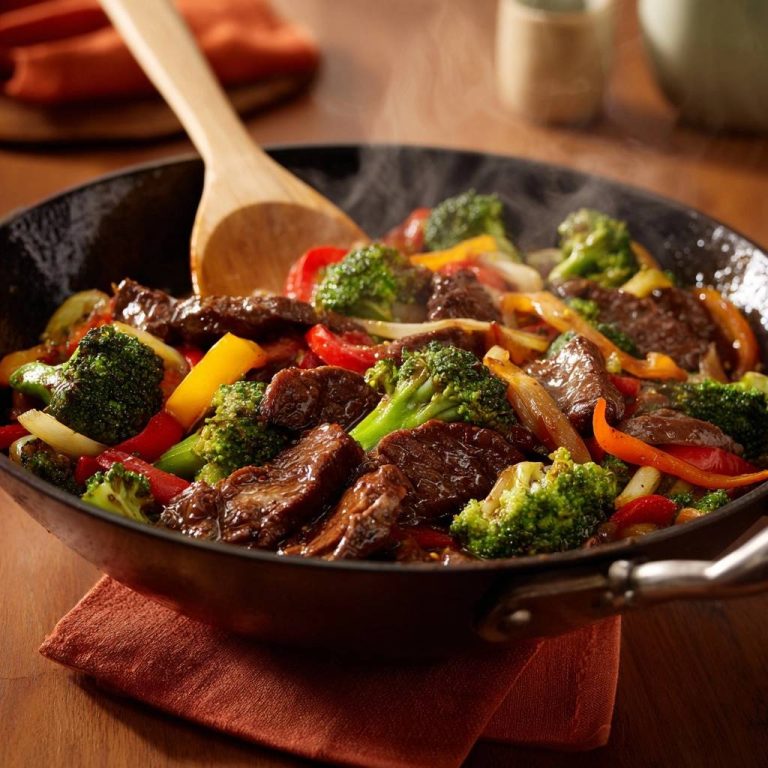 Rindfleisch-Wok mit Brokkoli und Paprika, der in einer Pfanne zubereitet wird, mit dampfendem Gemüse und Fleisch, angerichtet auf einem Holztisch.