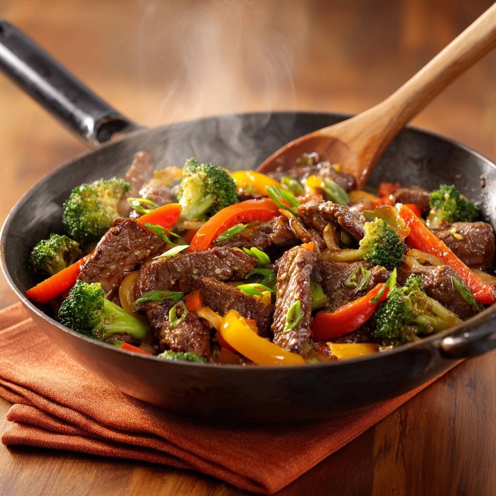 Rindfleisch Wok Mit Brokkoli Und Paprika Nahaufnahme 1 Rindfleisch-Wok mit Brokkoli und Paprika, eine Nahaufnahme des dampfenden Gerichtes in einer Pfanne, serviert auf einem Holztisch.