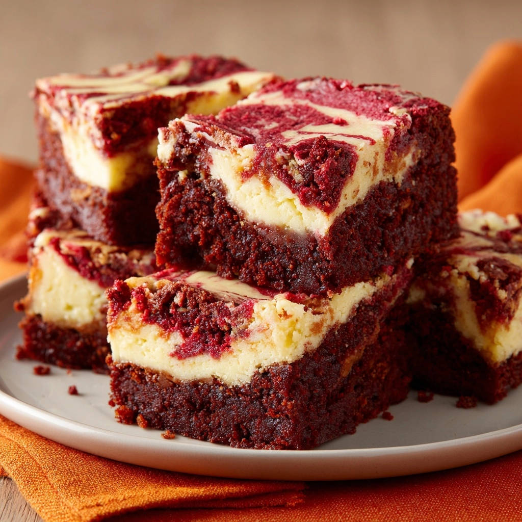 Rote Samt Cheesecake Brownies Querschnitt 1 Rote Samt Cheesecake Brownies im Nahaufnahme, mit deutlichem Querschnitt, der die cremige Käsekuchenschicht und den saftigen Teig zeigt.