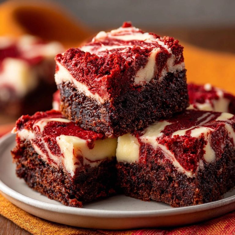 Rote Samt Cheesecake Brownies im Nahaufnahme, mit deutlicher Querschnitt-Ansicht der geschichteten Texturen und Farben. Der perfekte Genuss.