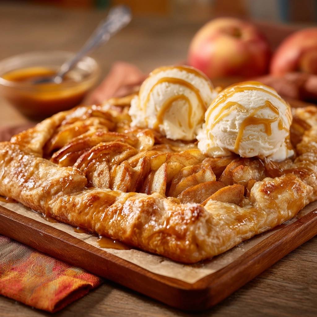 Rustikale Apfel Galette Mit Vanilleeis Serviert 1 Rustikale Apfel-Galette mit Vanilleeis und Karamell serviert auf einem Holzbrett mit Eiscreme und Karamellsauce.