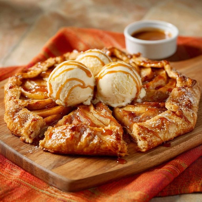 Rustikale Apfel-Galette mit Vanilleeis und Karamell serviert auf einem Holzbrett mit Eiscreme und Karamellsauce. Ein köstliches Dessert.