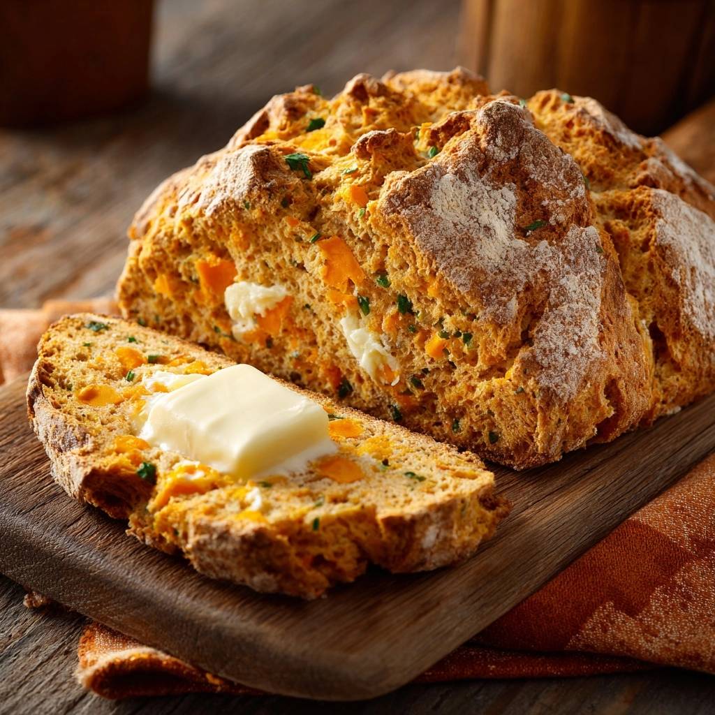 Rustikales Kuerbis Kaese Soda Brot Querschnitt 1 Rustikales Kürbis-Käse-Soda-Brot mit einem köstlichen Querschnitt, der die saftige Krume und den geschmolzenen Käse zeigt.