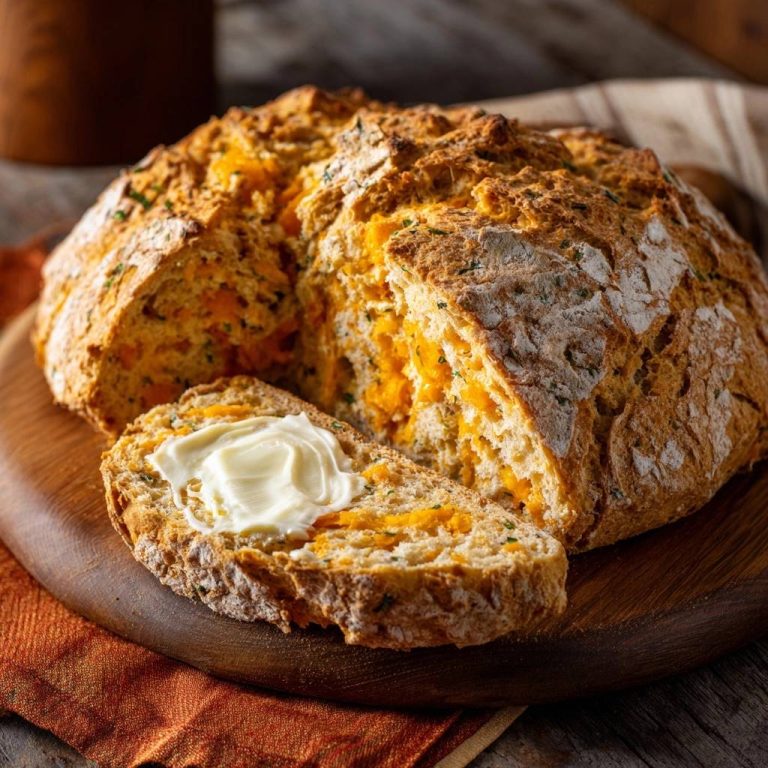 Rustikales Kürbis-Käse-Soda-Brot: Ein warmer, frisch gebackener Laib, angeschnitten, mit einem belegten Stück Butter.