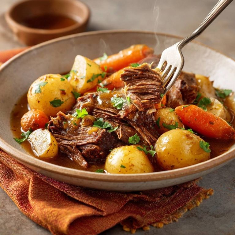 Rustikales Rindfleischgulasch in einer Schüssel, serviert mit Kartoffeln und Karotten. Eine Gabel hält ein Stück zartes Rindfleisch in Nahaufnahme.
