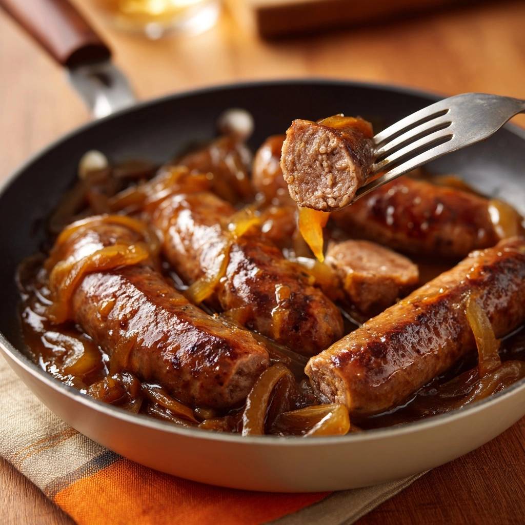 Saftige Bratwuerste Mit Karamellisierten Zwiebeln Querschnit 1 Saftige Bratwürste mit karamellisierten Zwiebeln, serviert in einer Pfanne. Ein Stück Wurst wird mit einer Gabel gezeigt, der Anschnitt ist sichtbar.
