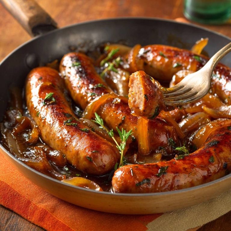 Saftige Bratwürste mit karamellisierten Zwiebeln, serviert in einer Pfanne, mit einem Stück, das einen köstlichen Querschnitt zeigt.