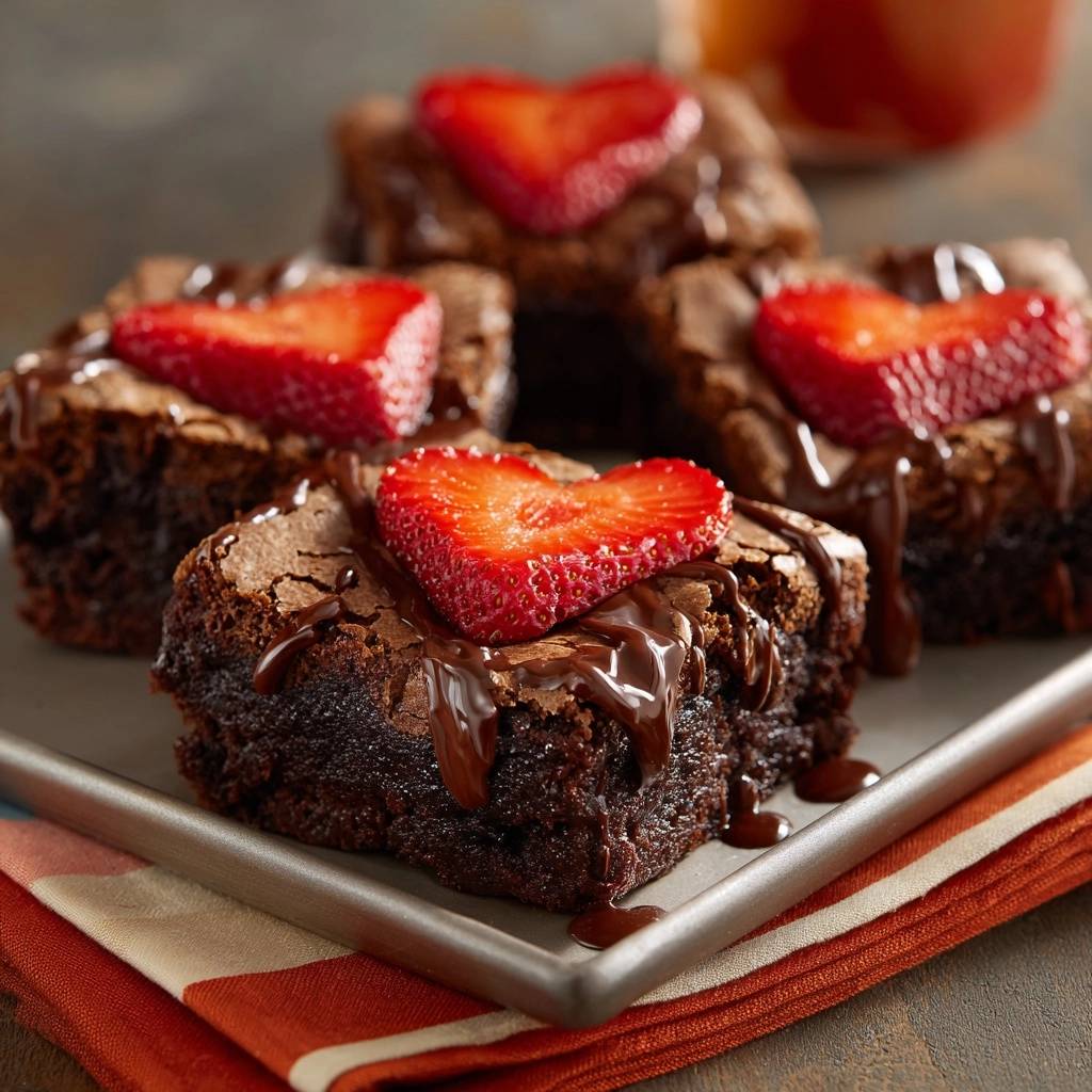 Saftige Erdbeer Schoko Brownies Nahaufnahme 1 Saftige Erdbeer-Schoko-Brownies in Nahaufnahme: Schokoladen-Brownies mit Erdbeeren und Schokosauce, die auf einem Tablett serviert werden.