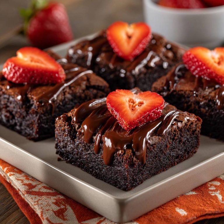 Saftige Erdbeer-Schoko-Brownies: Nahaufnahme der Brownies, garniert mit Erdbeeren in Herzform und Schokosauce, serviert auf einem Tablett.