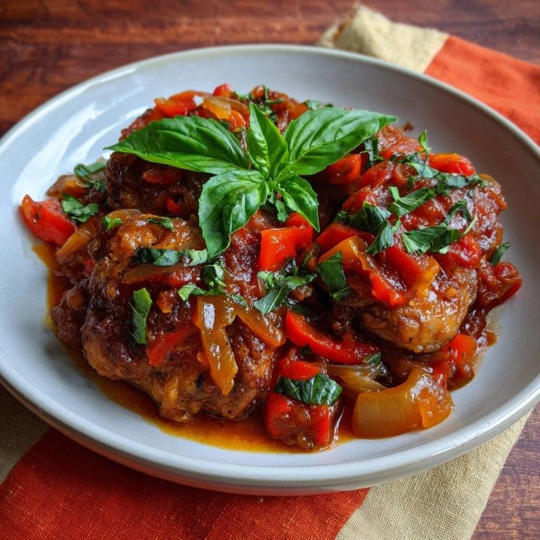 Saftige Frikadellen in Paprika-Tomatensoße, serviert in einer Schüssel, garniert mit frischem Basilikum, aus der Vogelperspektive.