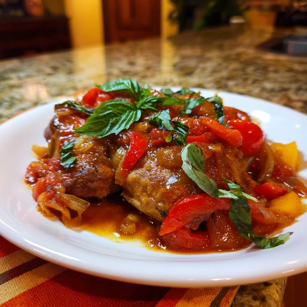 Saftige Frikadellen Paprika Tomaten Serviert 1 Saftige Frikadellen in Paprika-Tomatensoße auf einem Teller serviert, dekoriert mit frischem Basilikum und buntem Gemüse.