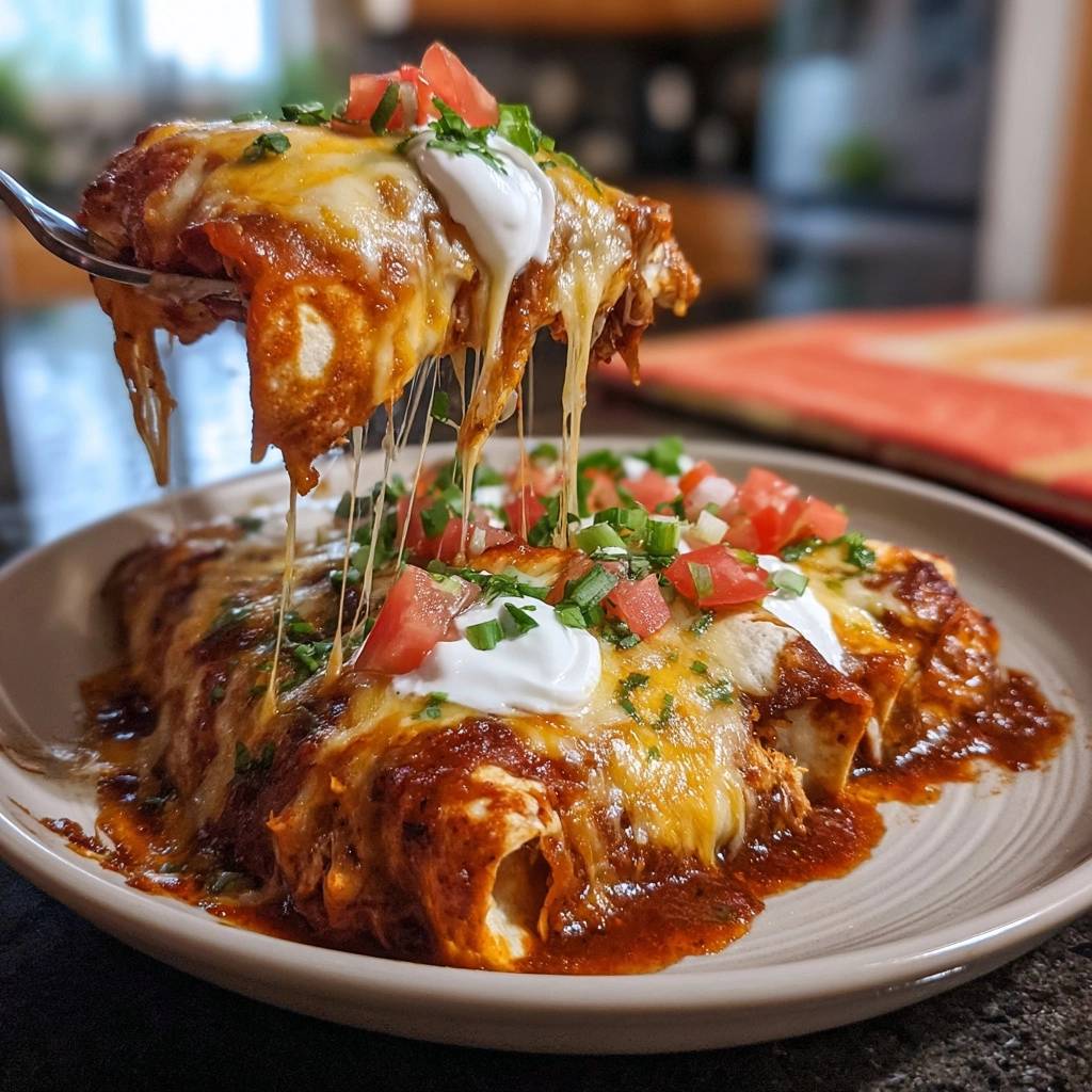 Saftige Hahnchen Enchiladas Auf Gabel Serviert 1 Saftige Hähnchen-Enchiladas, serviert auf einer Gabel, mit geschmolzenem Käse, frischen Tomaten und cremiger Sour Cream.