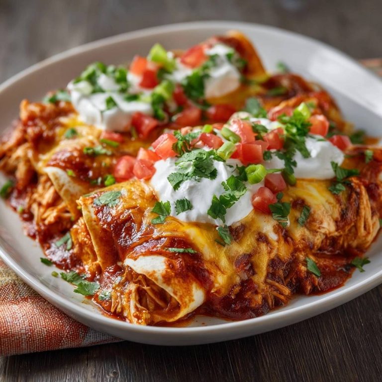 Saftige Hähnchen-Enchiladas, serviert auf einem weißen Teller, garniert mit Tomaten, Sauerrahm, frischen Kräutern und Frühlingszwiebeln.