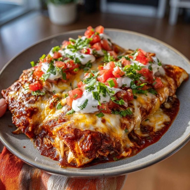 Saftige Hähnchen-Enchiladas serviert auf einem grauen Teller, garniert mit frischen Tomaten, Kräutern und cremiger Crème fraîche.